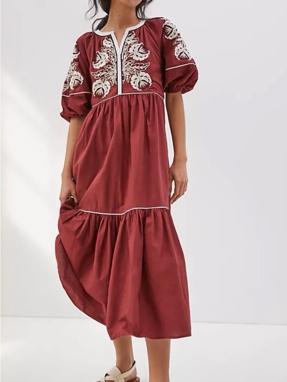 Anthropologie Maroon Embroidered Puff-Sleeve Maxi Dress